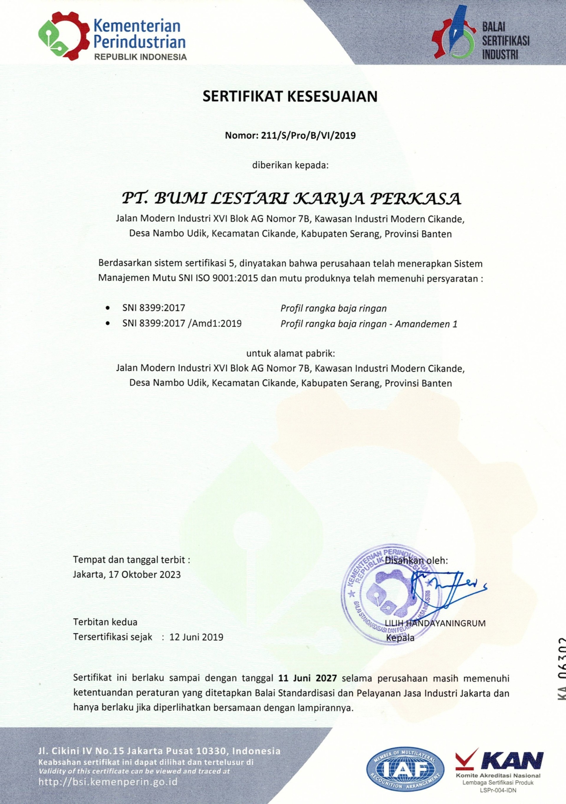 Sertifikasi Kesesuaian Profil Rangka Baja Ringan SNI 8399:2017 oleh BSI